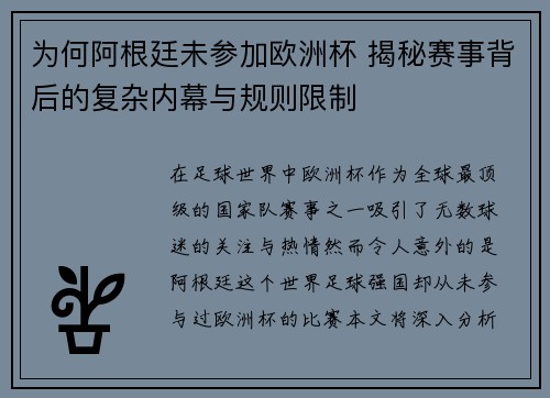 为何阿根廷未参加欧洲杯 揭秘赛事背后的复杂内幕与规则限制
