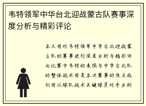 韦特领军中华台北迎战蒙古队赛事深度分析与精彩评论