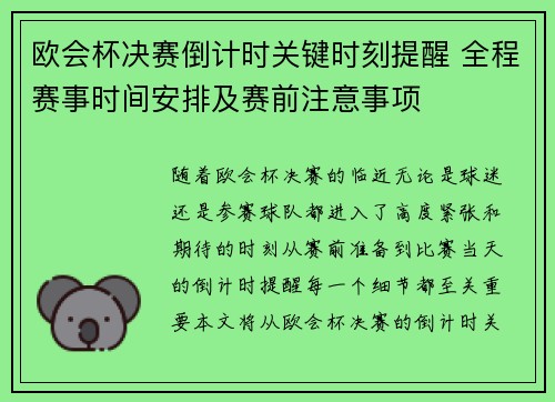 欧会杯决赛倒计时关键时刻提醒 全程赛事时间安排及赛前注意事项