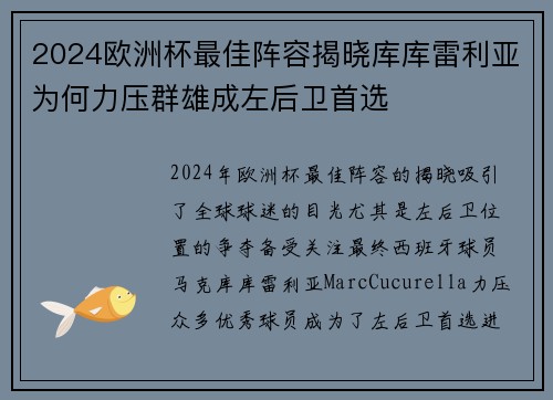 2024欧洲杯最佳阵容揭晓库库雷利亚为何力压群雄成左后卫首选