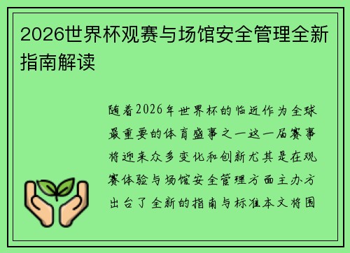 2026世界杯观赛与场馆安全管理全新指南解读 2026世界杯观赛与场馆安全管理全新指南解读