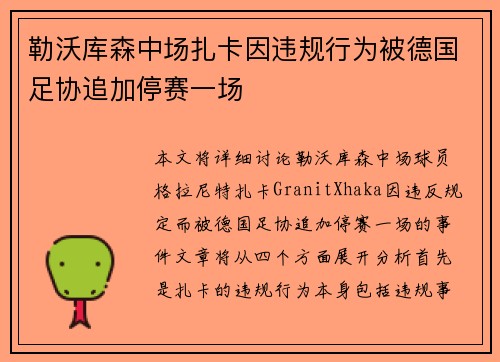 勒沃库森中场扎卡因违规行为被德国足协追加停赛一场