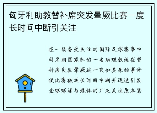 匈牙利助教替补席突发晕厥比赛一度长时间中断引关注